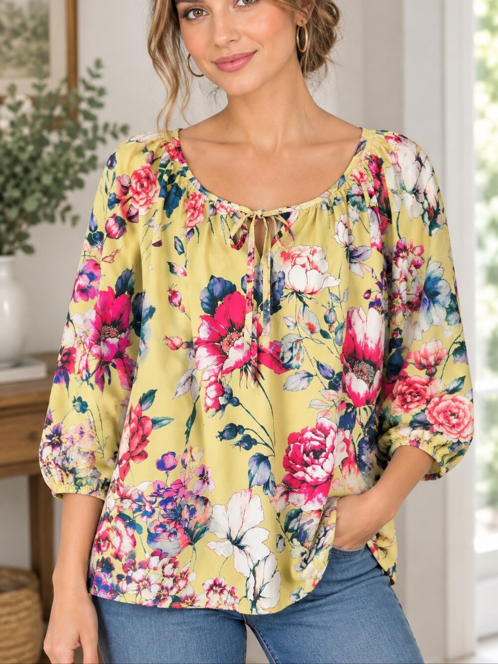 Matty m yellow floral print blouse Size 1X gathered scoop neckline 3/4 sleeves